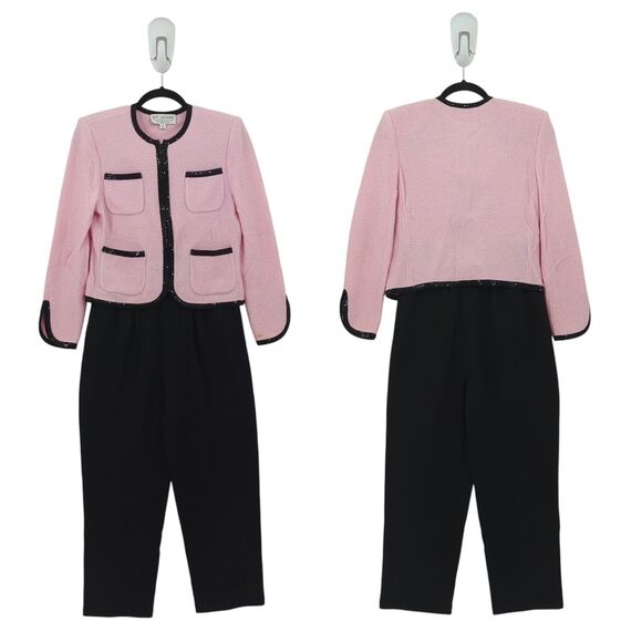 St John Women 2 Suit Set Pink Black Blazer Pants Santana Knit Pleated Paillettes - Picture 1 of 15